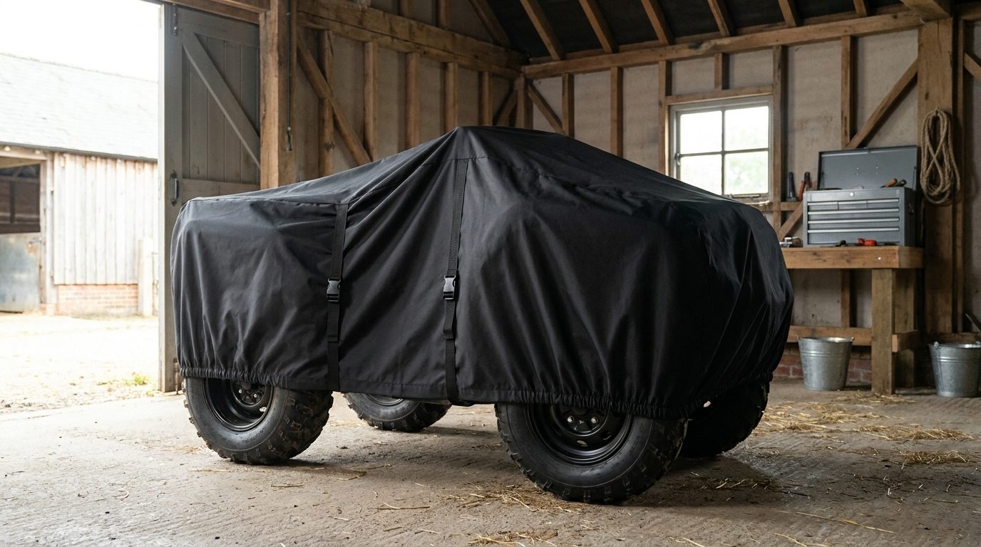 An ATV under a black cover with two buckle straps down its side, parked in a timber farm workshop, the door open to the farmyard.