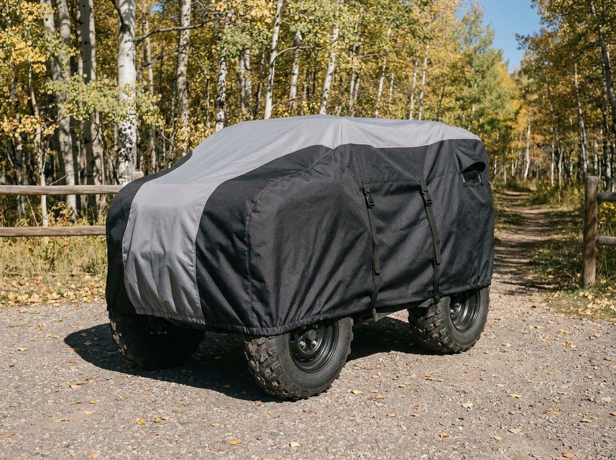 An ATV under a gray and black two-tone cover on a gravel trailhead in an autumn aspen grove, a split-rail fence behind.
