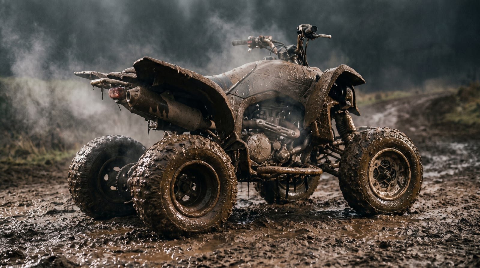 An uncovered ATV caked in mud on a wet dirt track.
