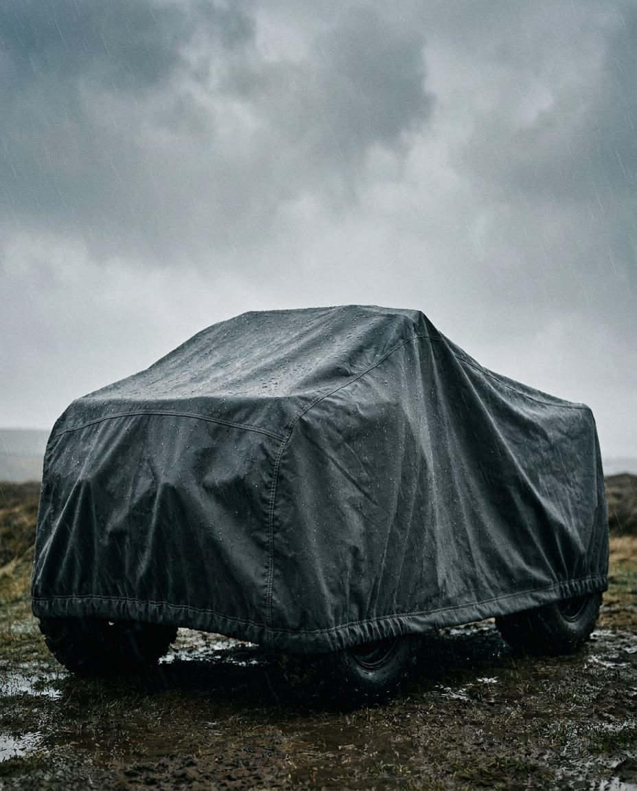 An ATV under a black cover on open moorland in the rain, water beading on the fabric.