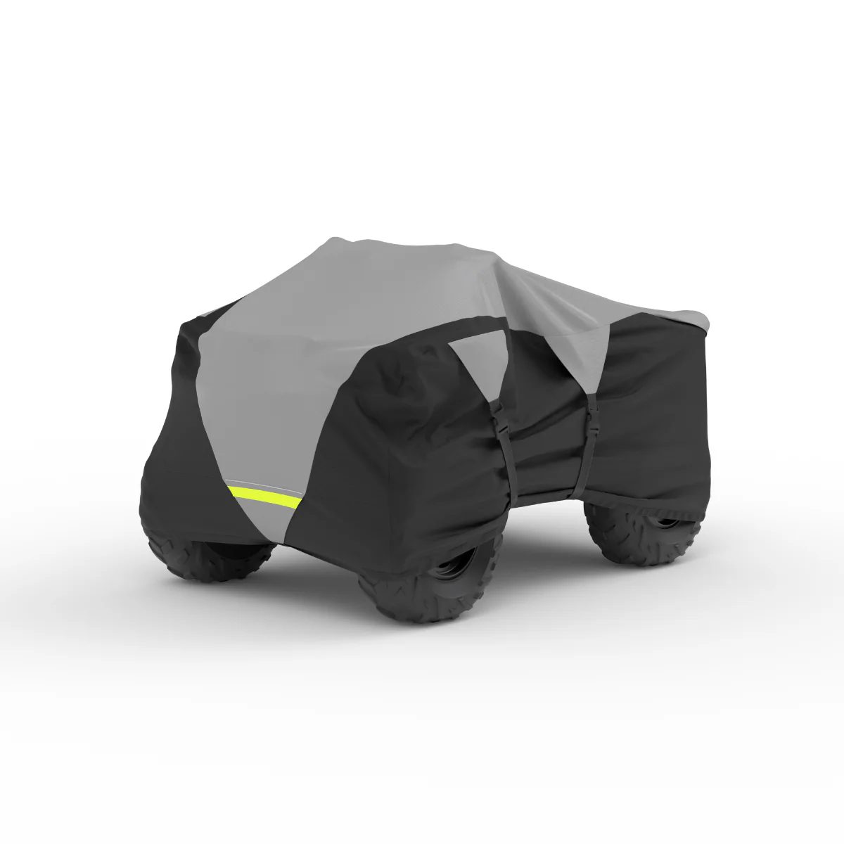 An ATV under a gray and black two-tone cover with a yellow stripe on a white background.