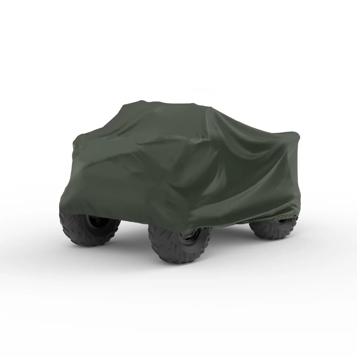 An ATV under an olive green cover on a white background.