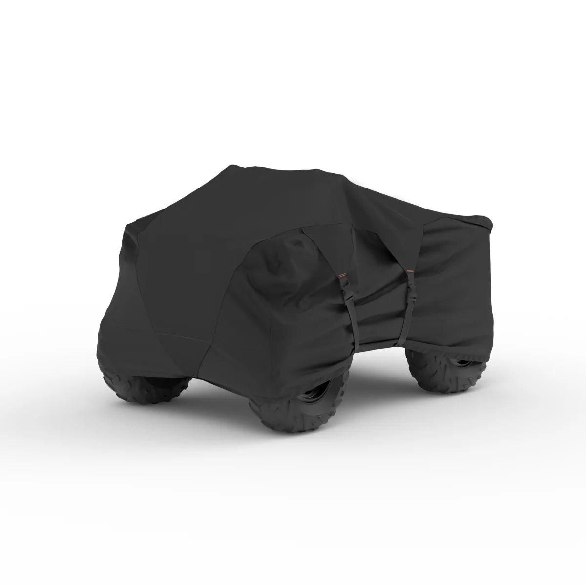 An ATV under a black cover with buckle straps on a white background.