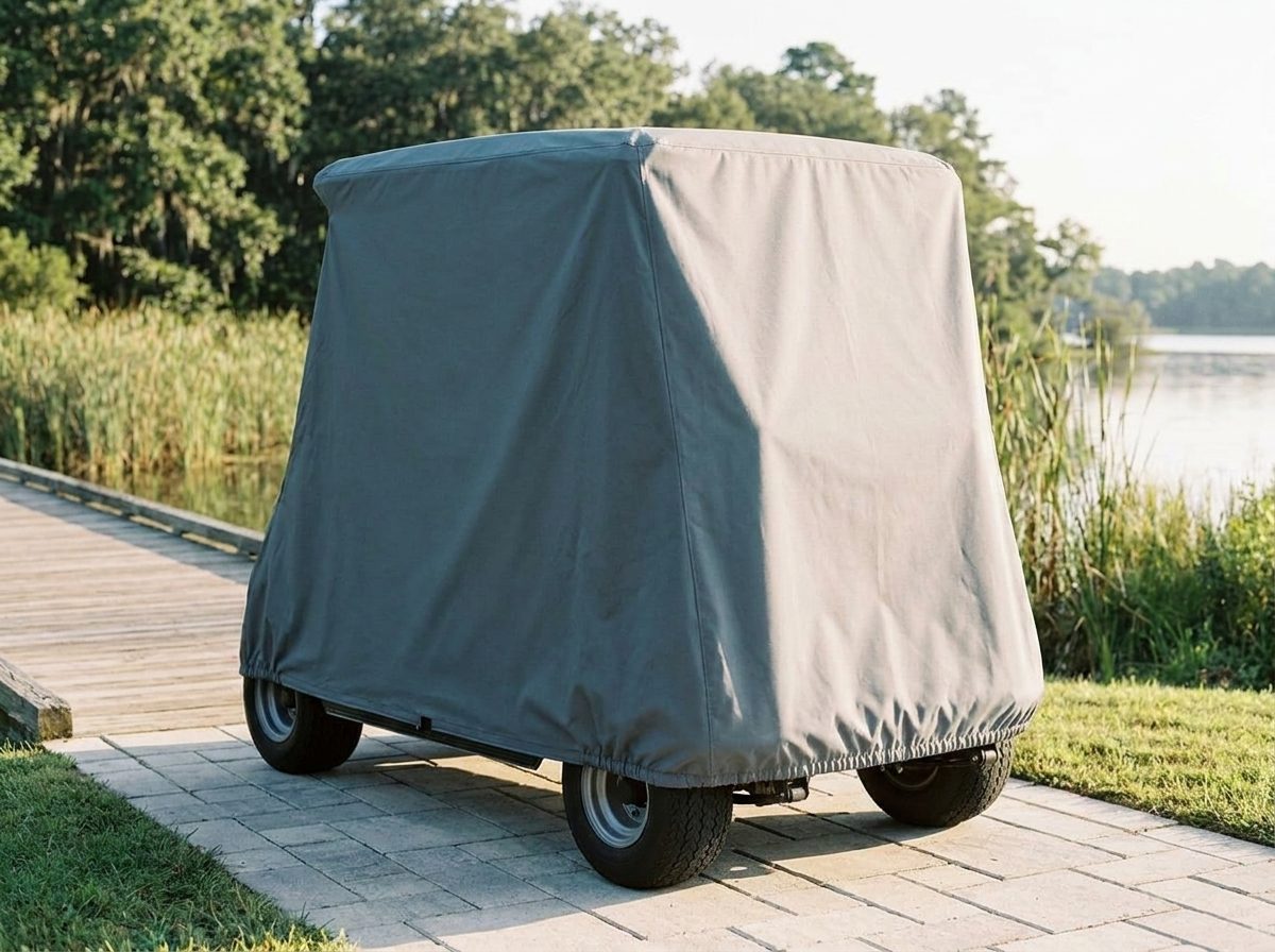 The rear of a golf cart under a gray cover on a paved path by a lakeside boardwalk, the elastic hem drawn in above the wheels.