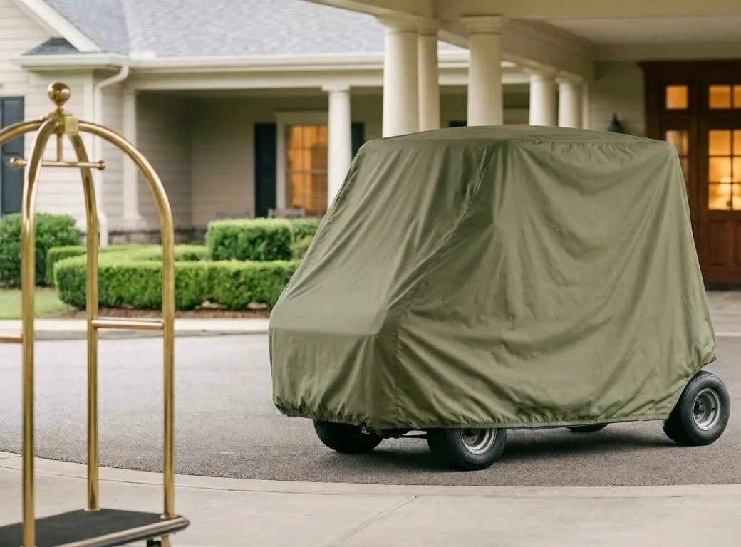 A golf cart under an olive green cover in the drive of a house with a white-columned covered entrance, a brass luggage trolley at the left edge.