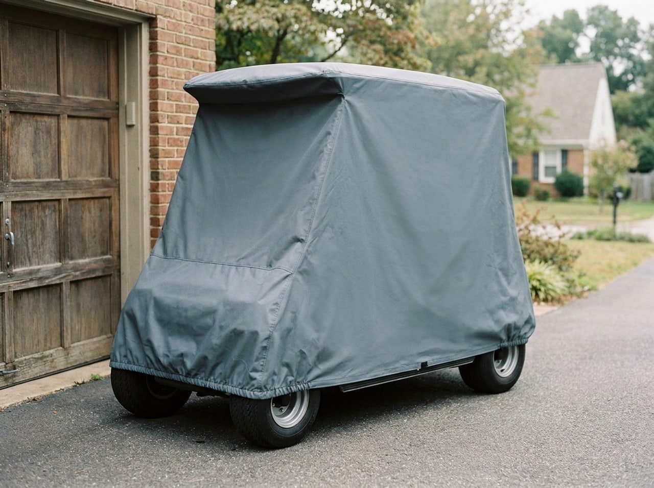 A golf cart under a gray cover in a brick house driveway.