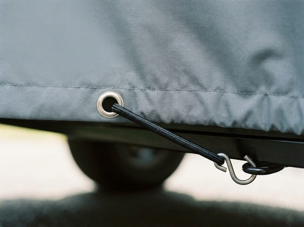 Close up of a metal grommet in the hem of a gray cover, a black bungee cord hooked to the cart frame.