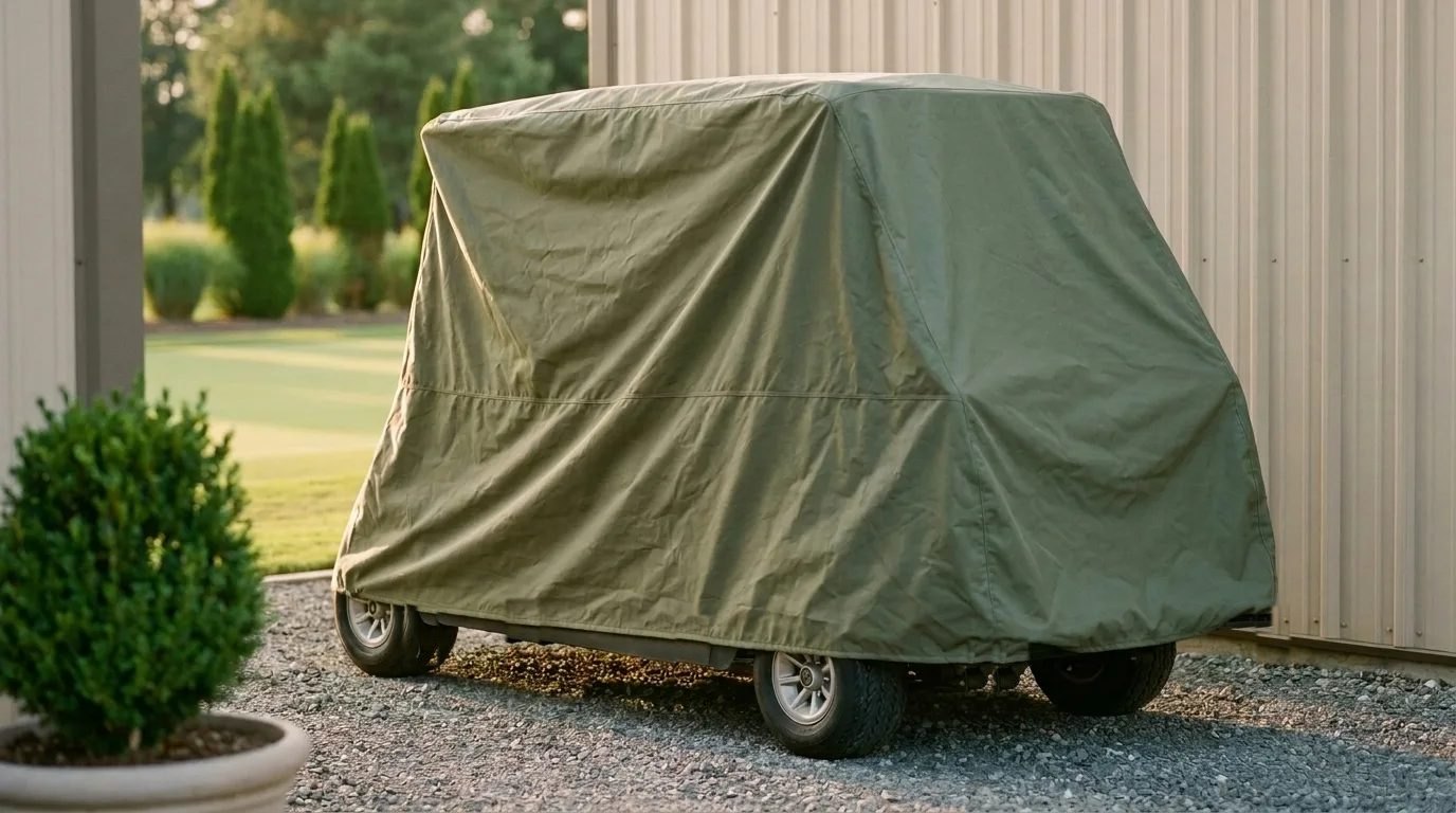 A golf cart under an olive green cover on gravel beside a metal building, a clipped shrub in a planter in front.