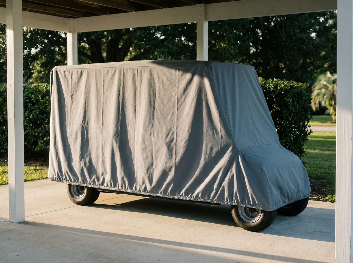 A long six-seat golf cart under a gray cover in a white-posted carport on a sunny afternoon, hedges and trees behind.