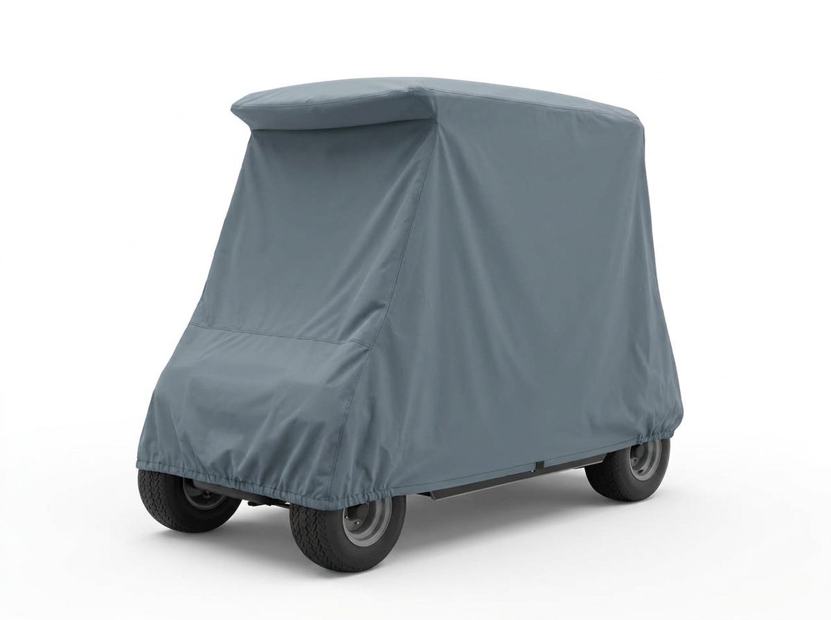A golf cart under a gray cover on a white background, seen from the front corner.