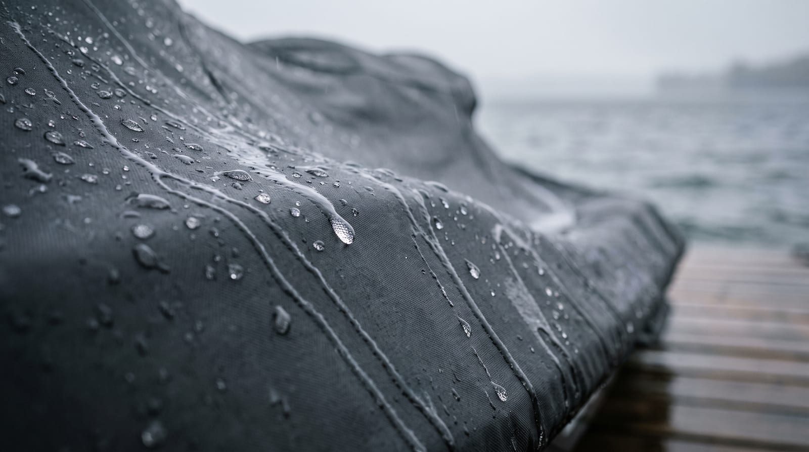Rain beading and running off a dark gray cover on a personal watercraft at the lakeside.