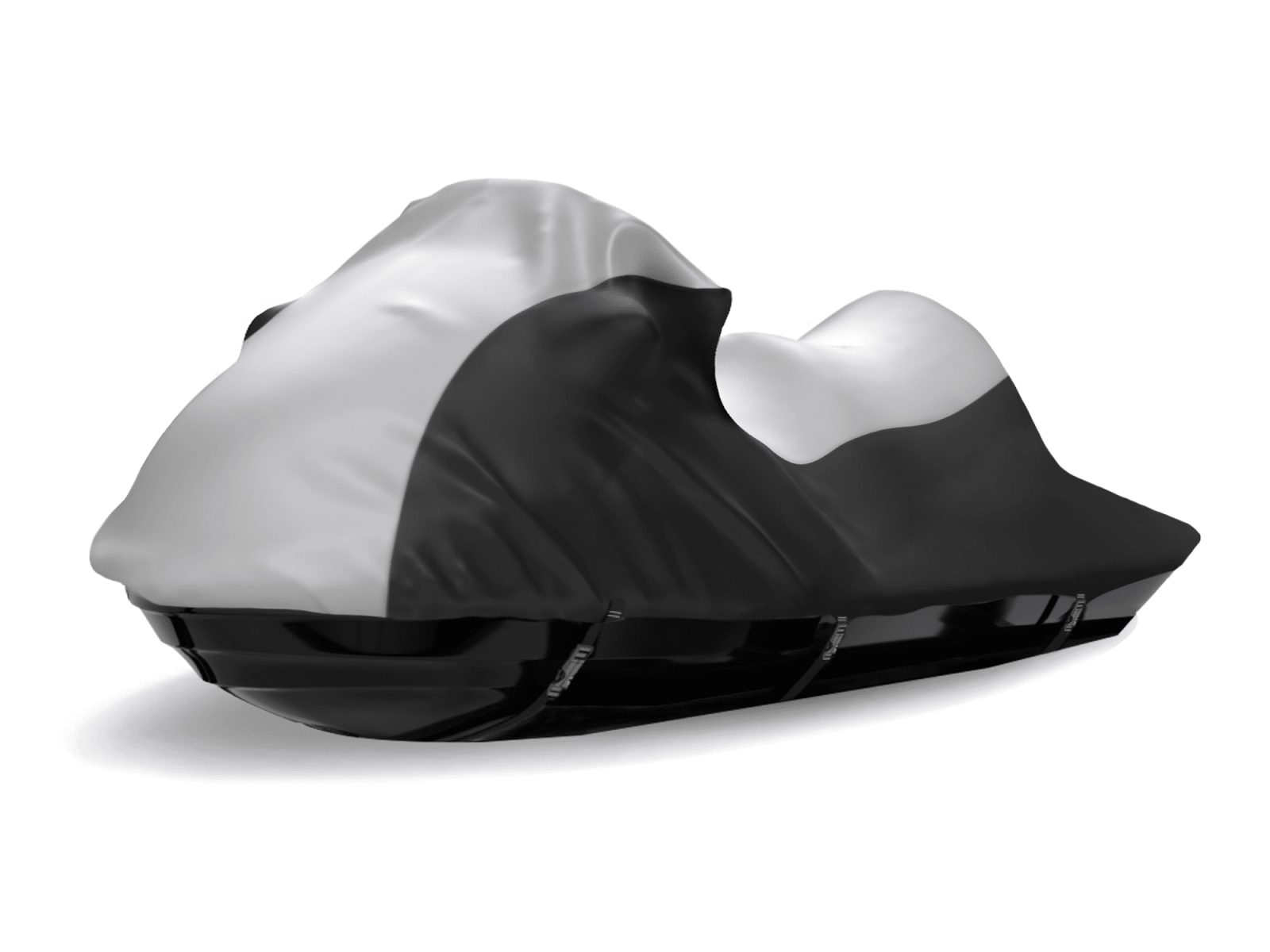 A personal watercraft under a gray and black two-tone cover on a white background.