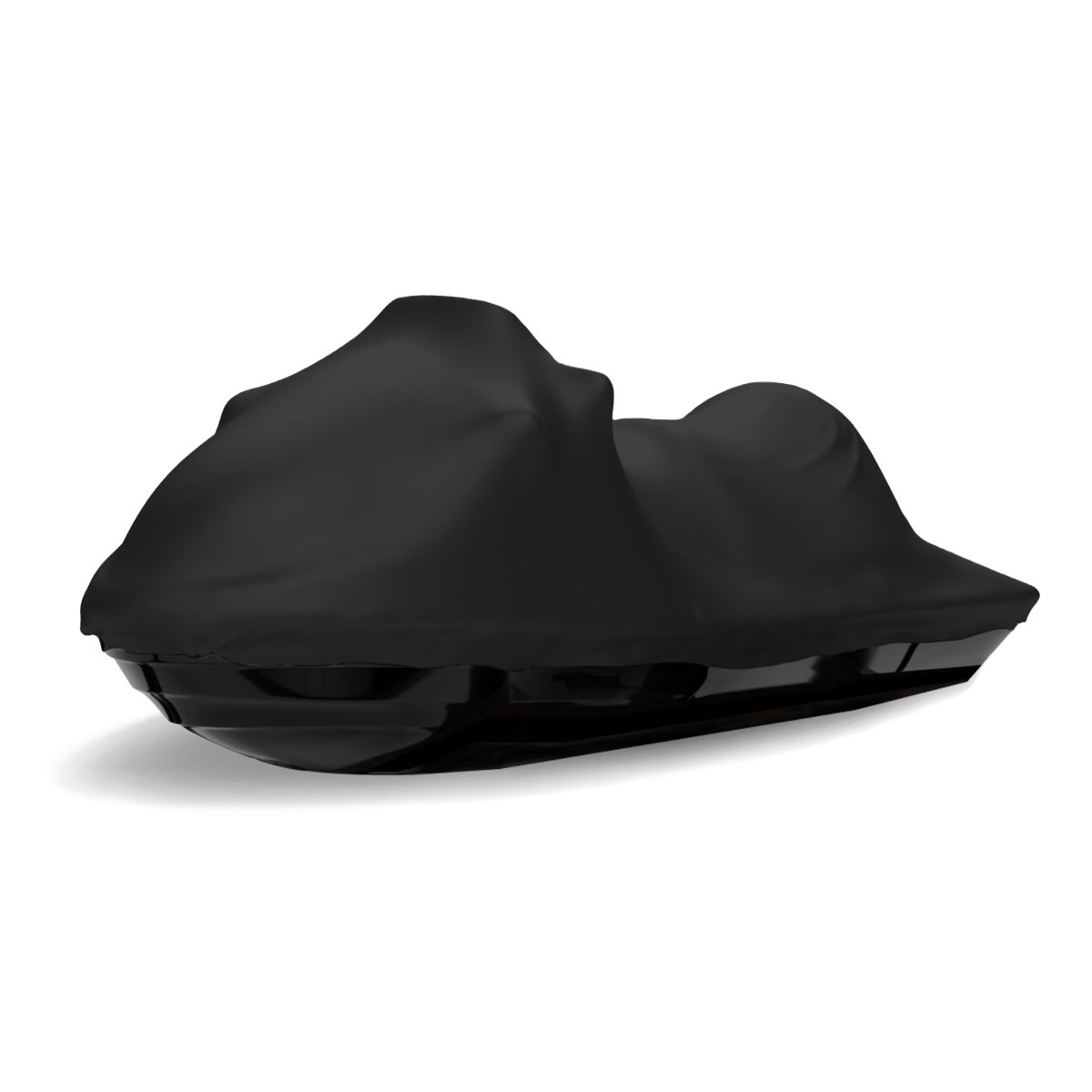 A personal watercraft under a black stretch cover on a white background.