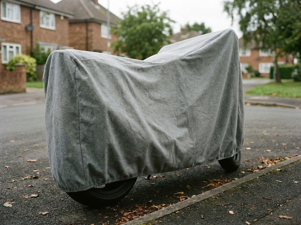A motorcycle under a matte gray cover parked at the curb of a street of brick houses on an overcast day, fallen leaves on the road.