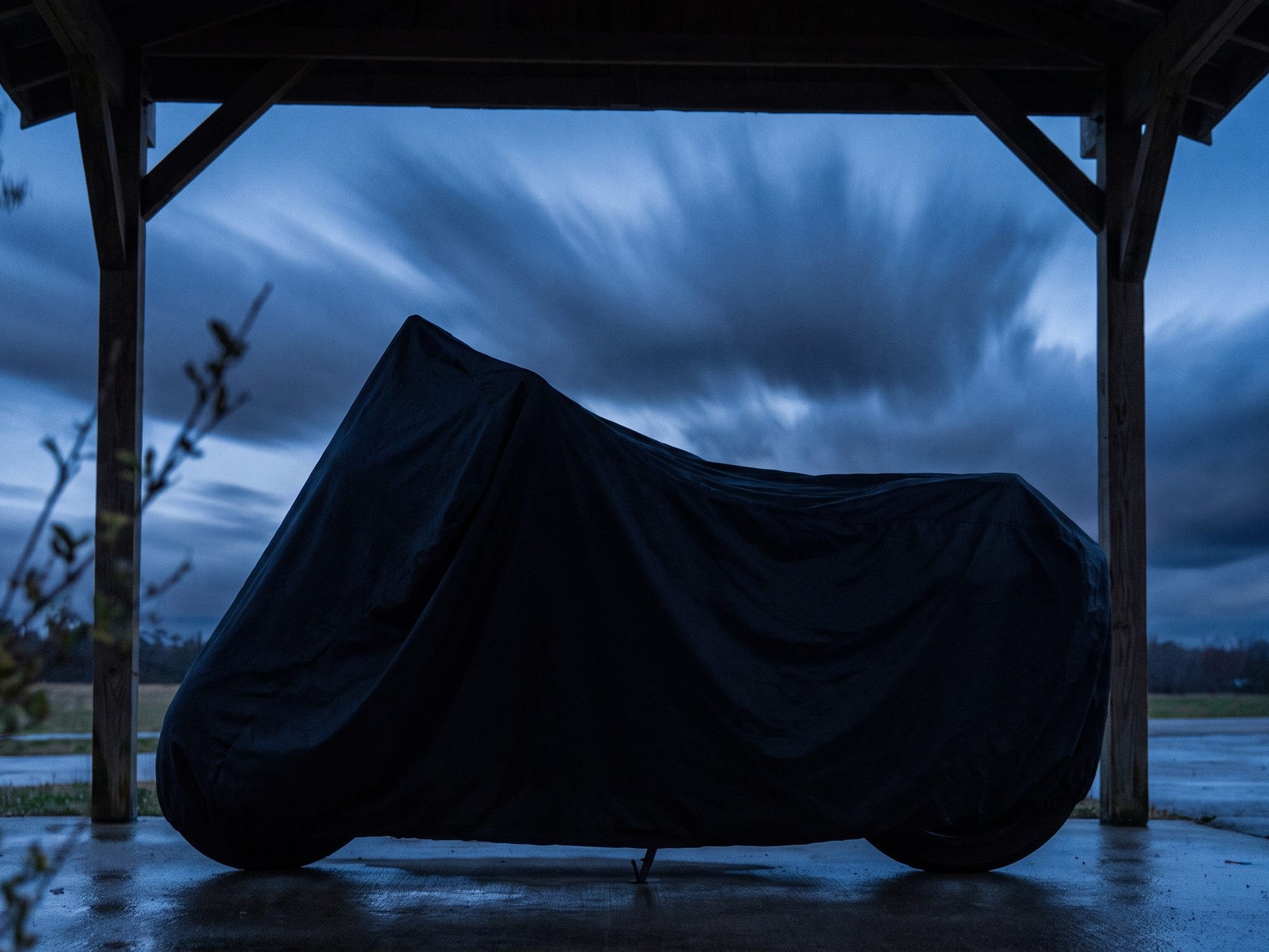 A motorcycle under a black cover in an open carport on wet concrete as storm clouds streak across the evening sky.