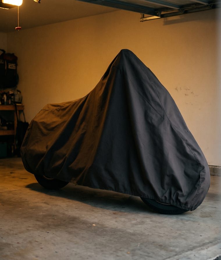 A cruiser under a loose black cover in a home garage in warm evening light.