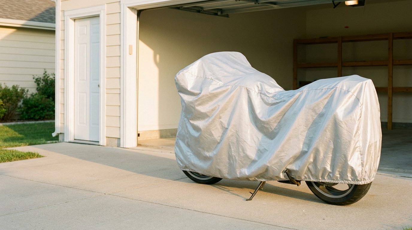 A motorcycle under a loose silver cover on a sunlit driveway in front of an open home garage at golden hour.