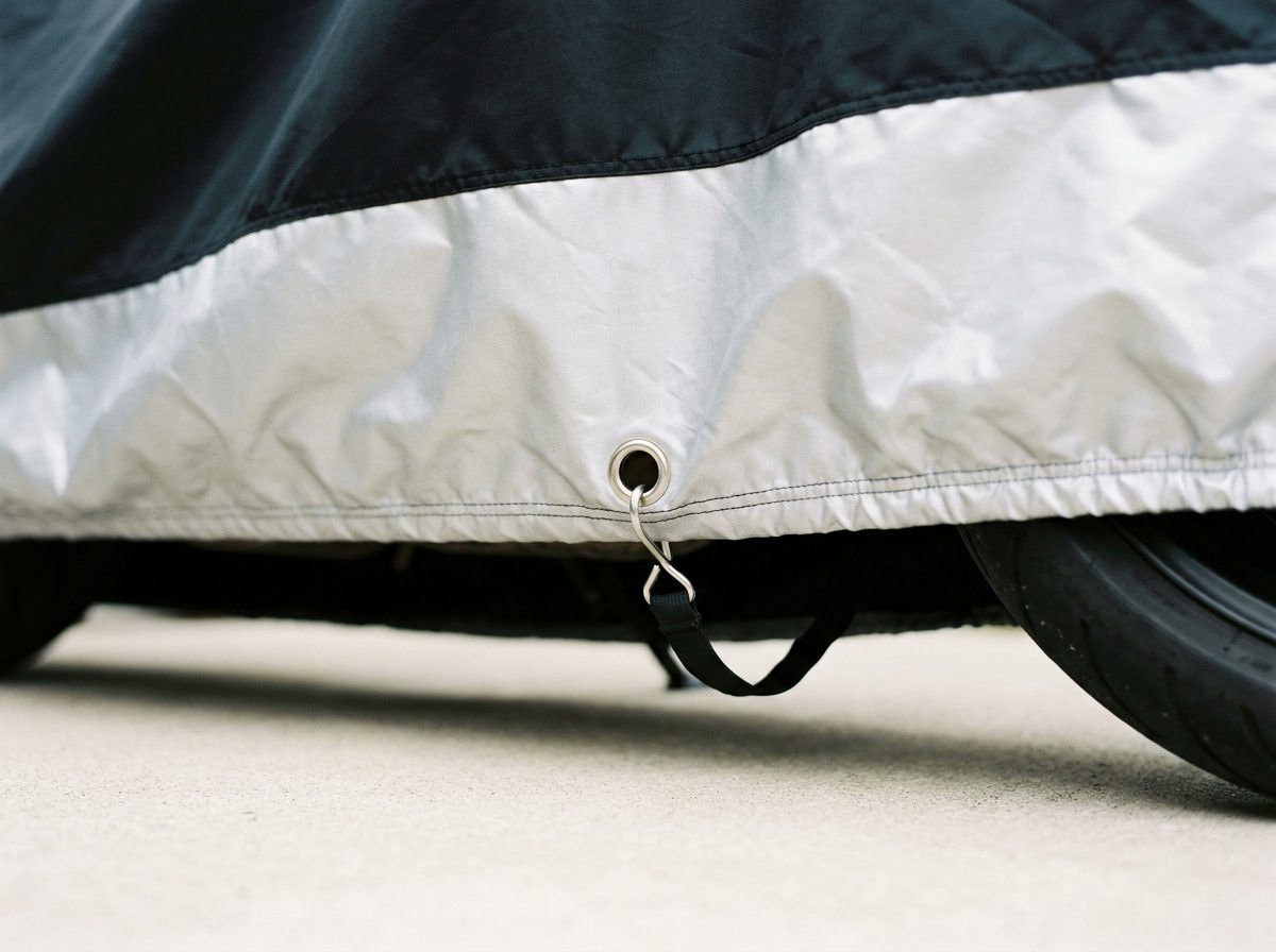 Close up of a metal grommet in the silver lower band of a motorcycle cover, an S-hook and black strap running under the bike.