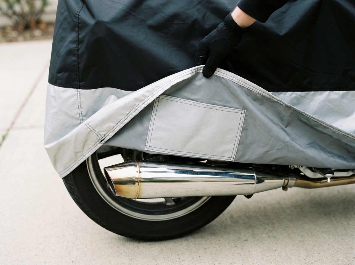 A gloved hand lifting the lower edge of a black and silver cover to show a stitched heat shield panel above a chrome exhaust.