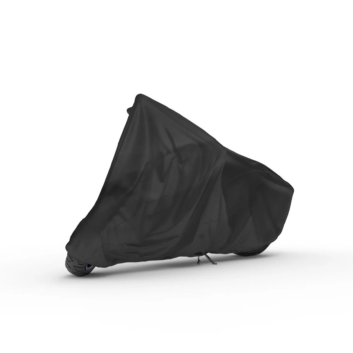 A motorcycle under a black cover on a white background.