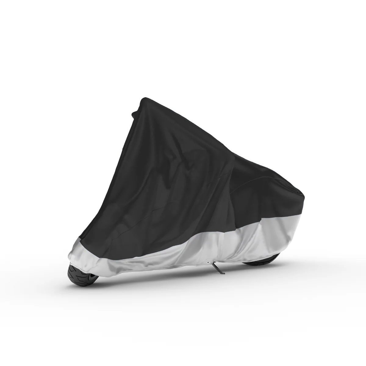 A motorcycle under a black and silver two-tone cover on a white background.
