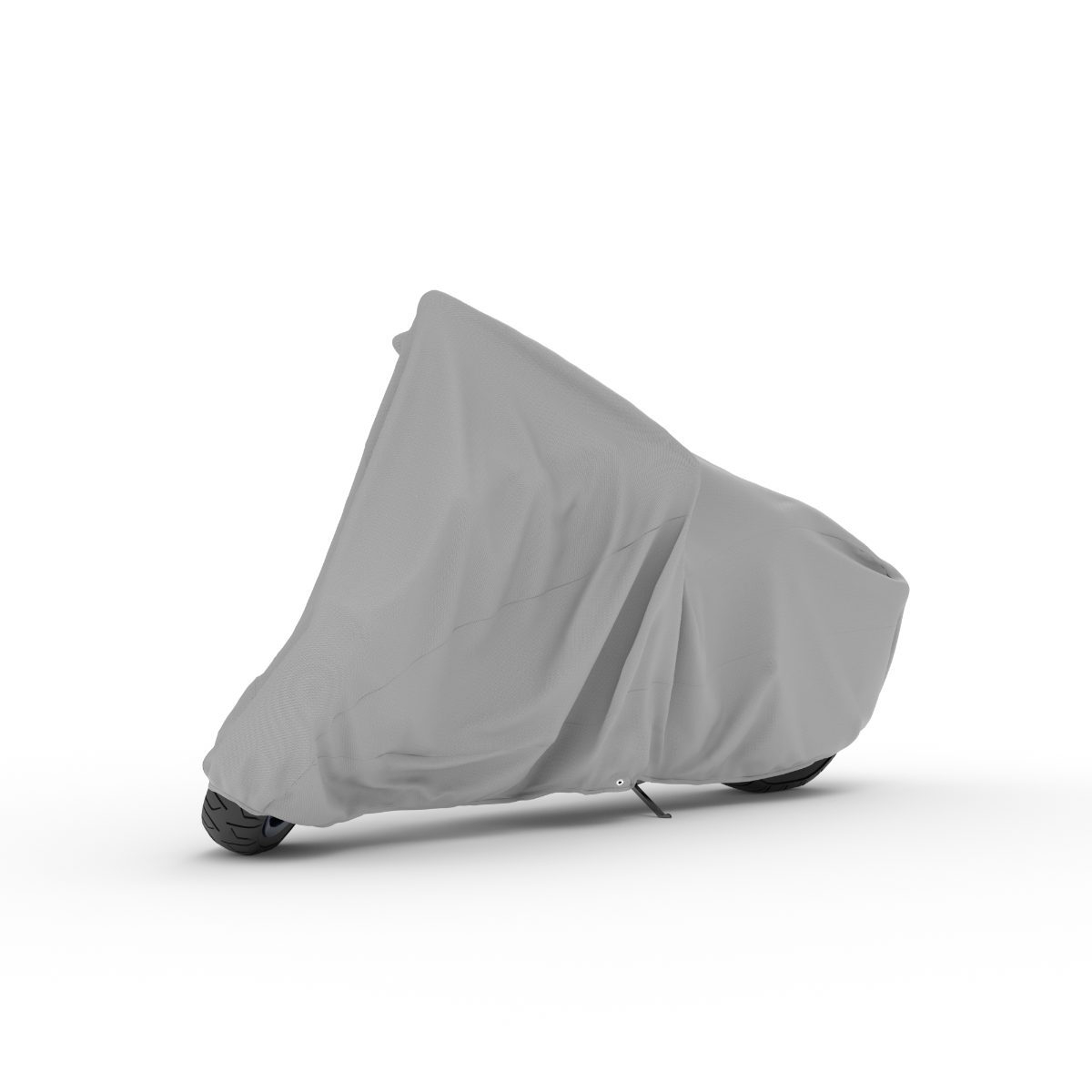 A motorcycle under a gray cover on a white background.