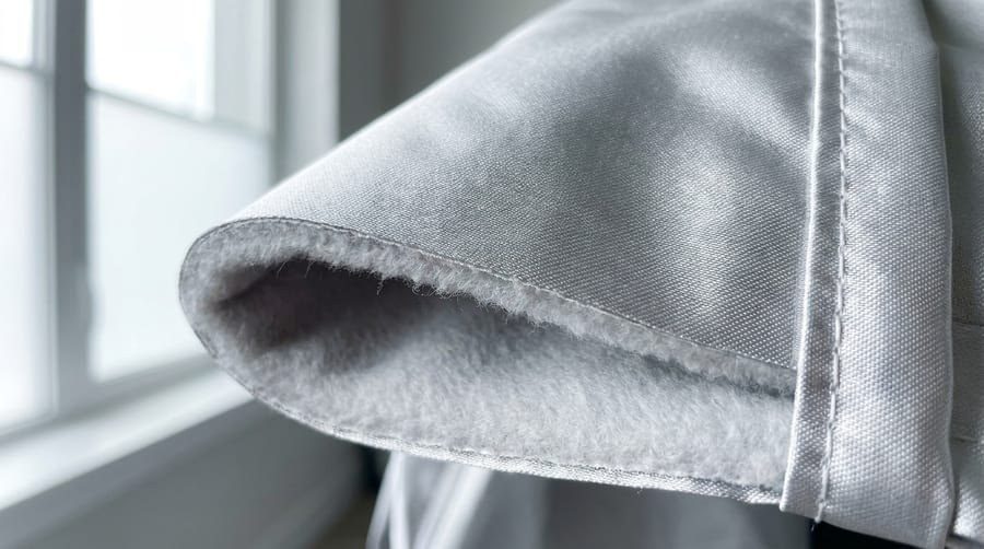 Close up of a silver cover's folded edge showing a soft gray fleece lining.