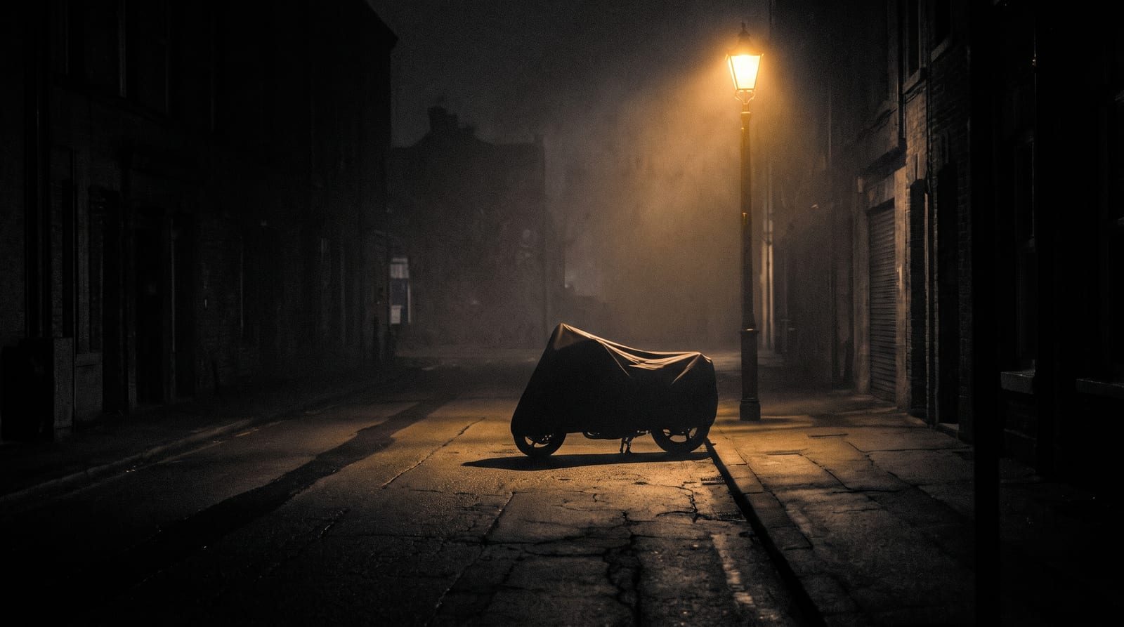 A covered motorcycle parked alone on a foggy street under a lit lamppost at night.