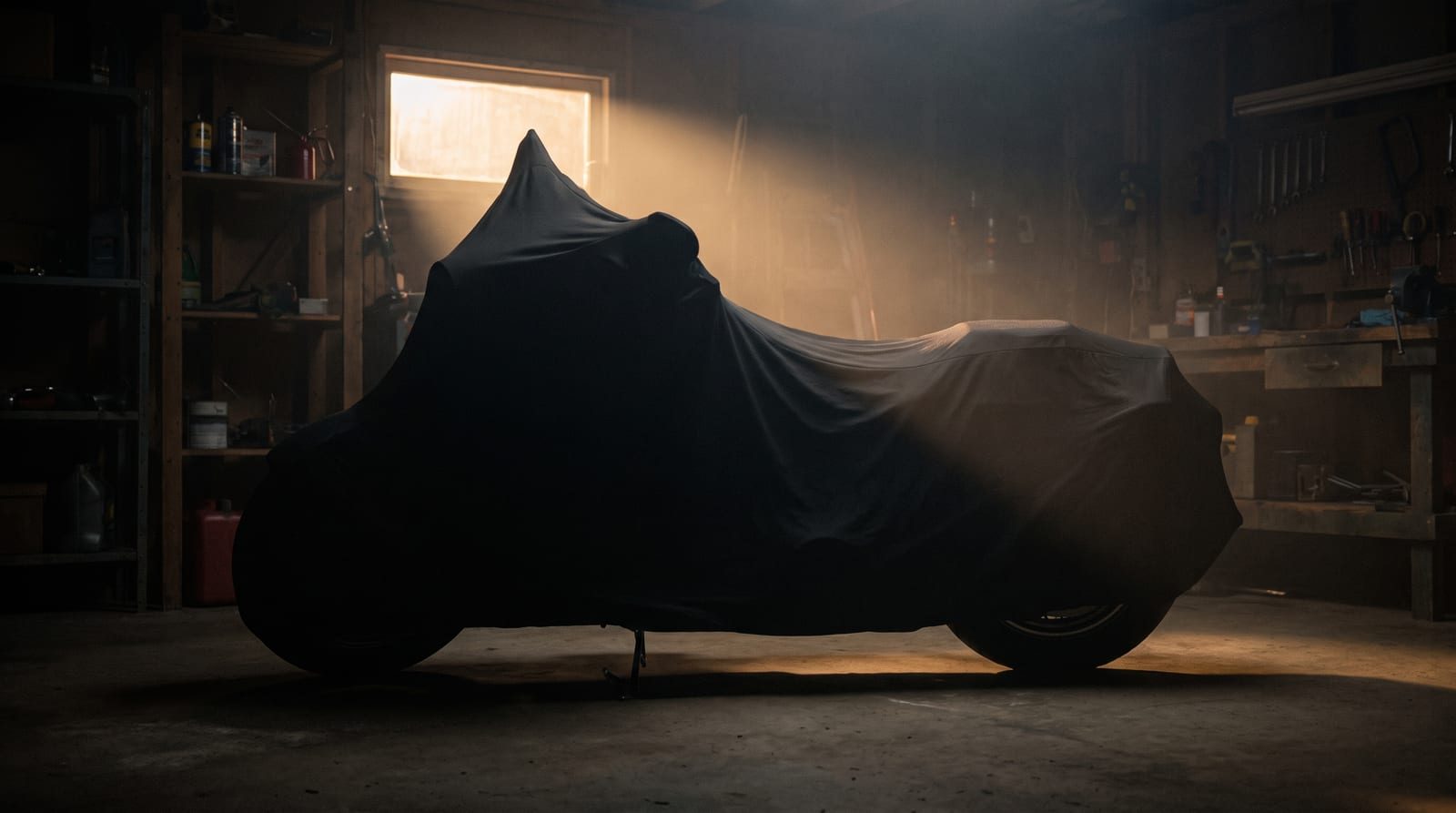 A touring motorcycle under a black stretch cover in a dim garage, lit by a beam from a small window.