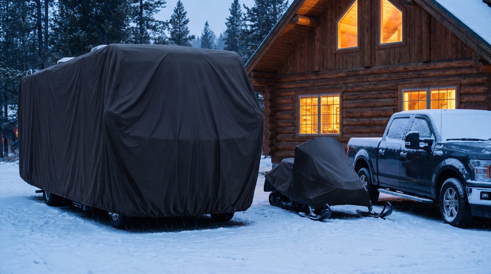 A covered motorhome, a covered snowmobile and a snow-dusted pickup outside a log cabin at dusk.