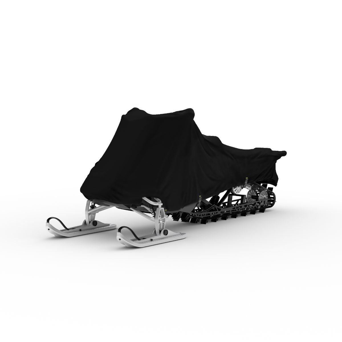A snowmobile under a black cover on a white background.