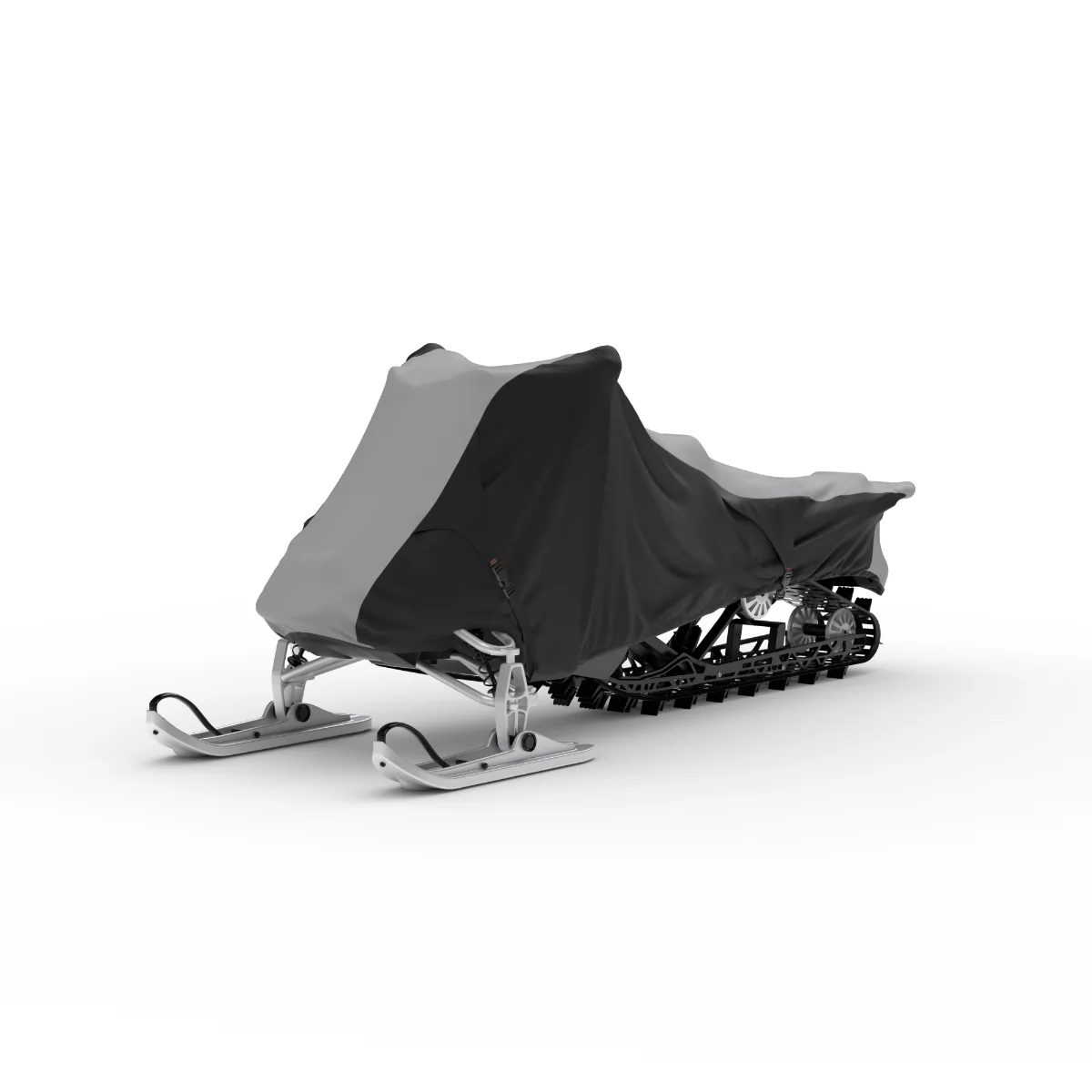 A snowmobile under a gray and black two-tone cover on a white background.