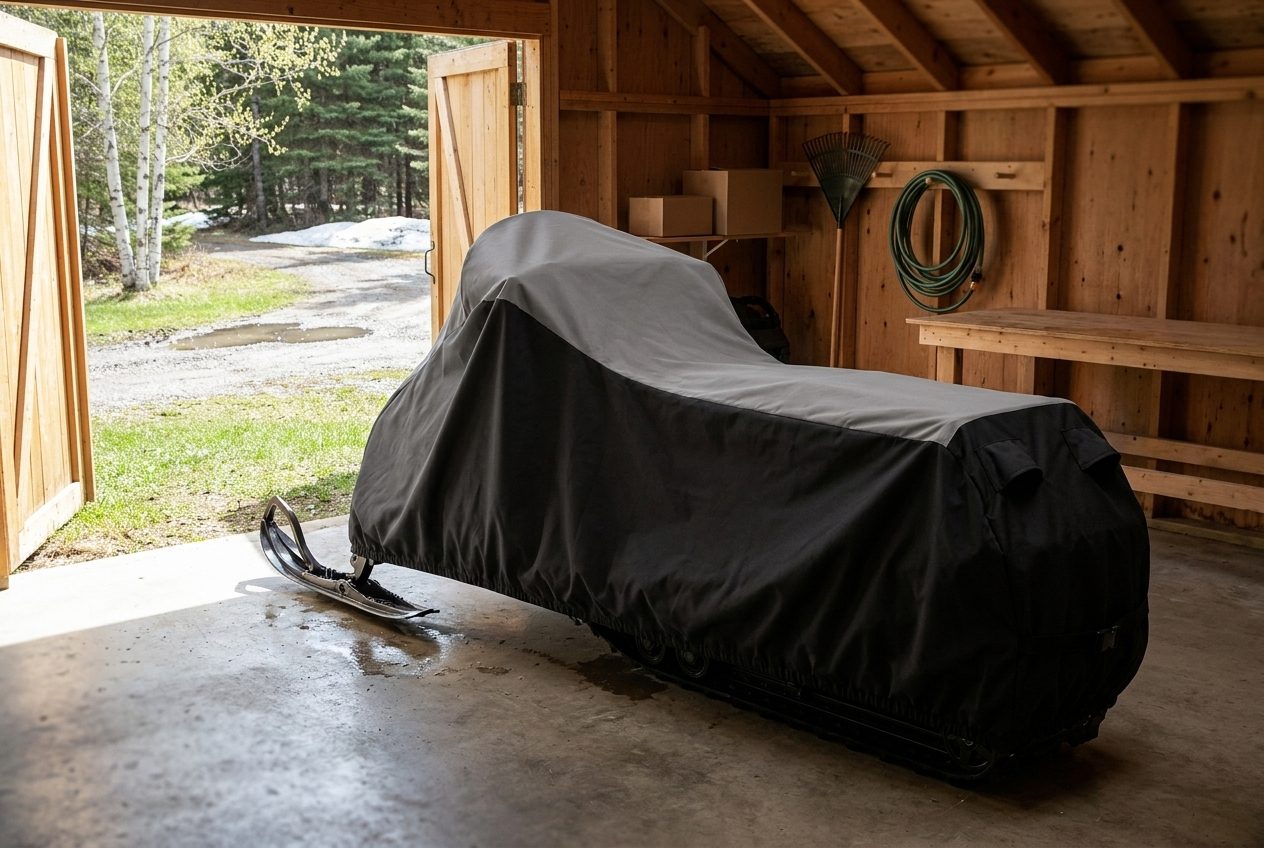 A snowmobile under a gray and black two-tone cover inside a wooden garage in spring, the doors open to birch trees, green grass and a last patch of snow.