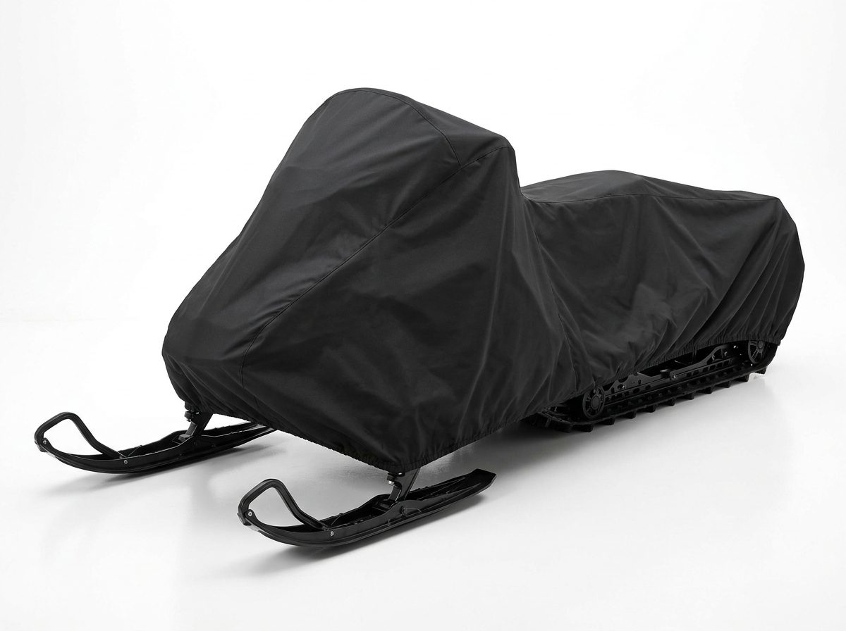 The front of a snowmobile under a black cover on a white background, both skis clear of the hem.