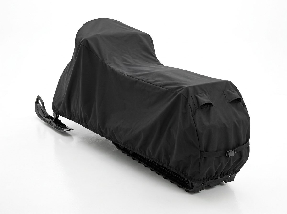 The rear of a snowmobile under a black cover on a white background, two hooded vents and a buckle strap across the tail.