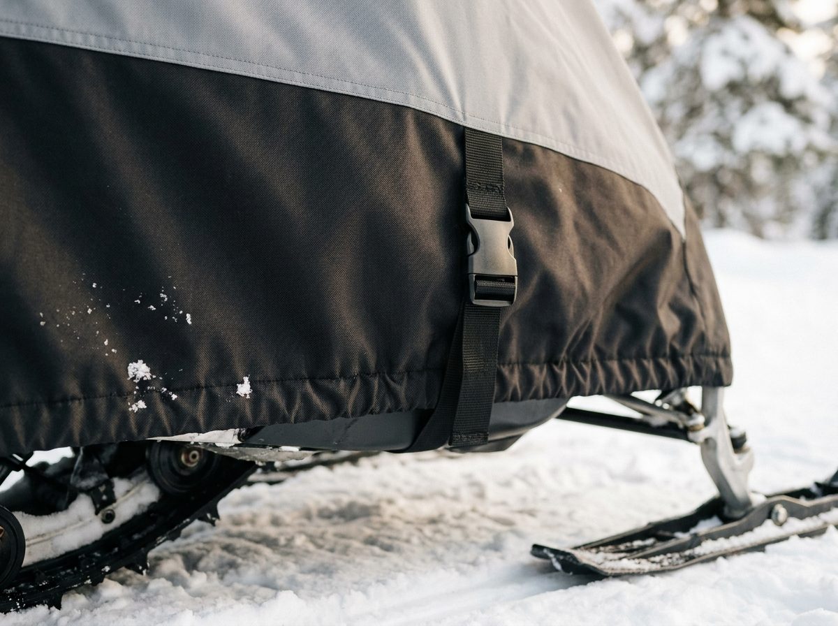 Close up of a black buckle strap on the side of a gray and black cover, the elastic hem gathered above a snowmobile track and ski.