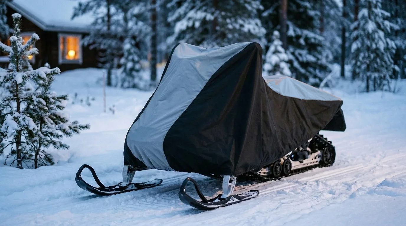 A snowmobile under a gray and black cover on a groomed snow trail, a lit cabin in the trees behind.
