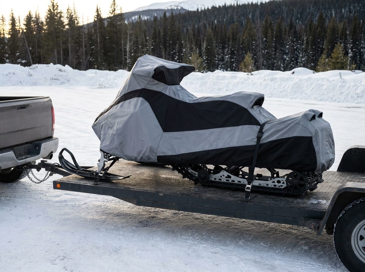 A snowmobile under a gray and black two-tone cover strapped onto a flatbed trailer behind a pickup in a snowy lot, pine forest behind.