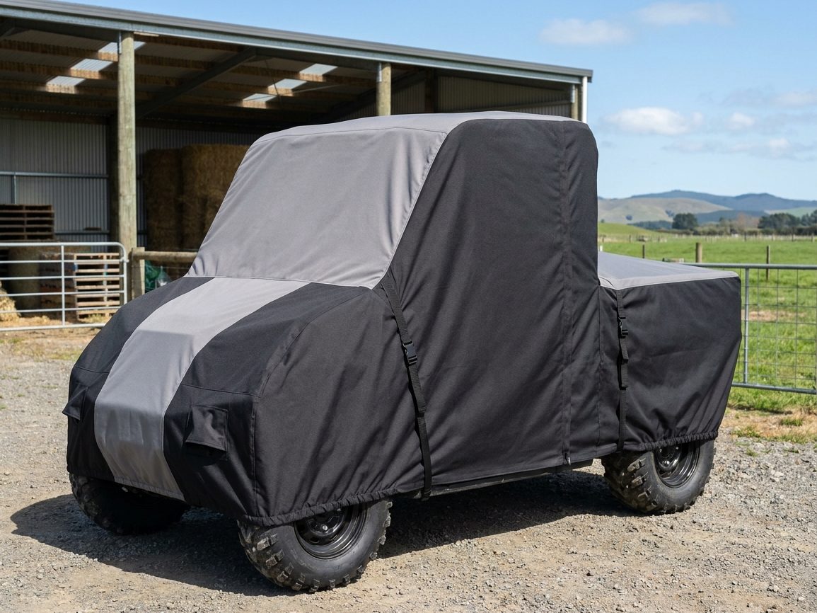 A side-by-side under a gray and black two-tone cover on a gravel yard beside an open hay shed, green pasture and hills behind.