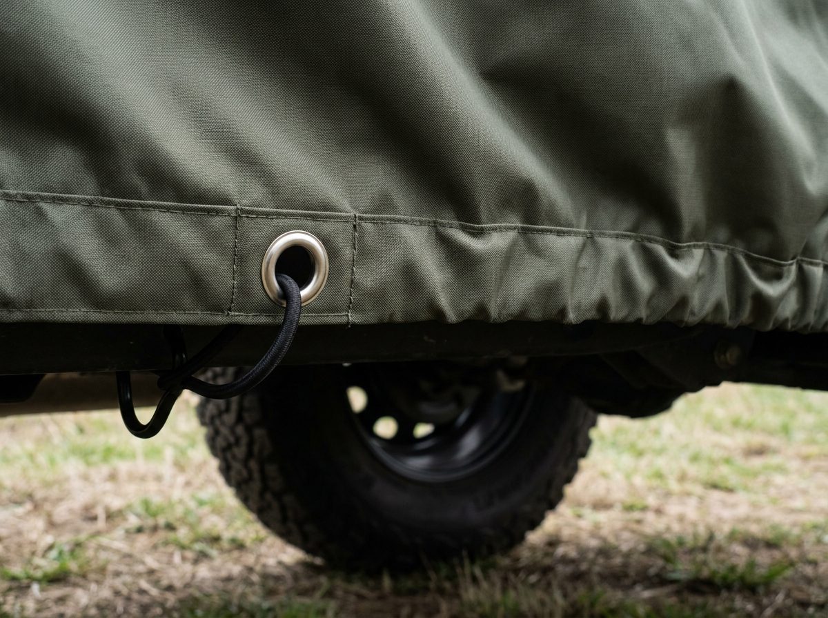 Close up of a metal grommet in the hem of an olive green cover, a black bungee cord looped through it and hooked under the frame, a tire soft behind.