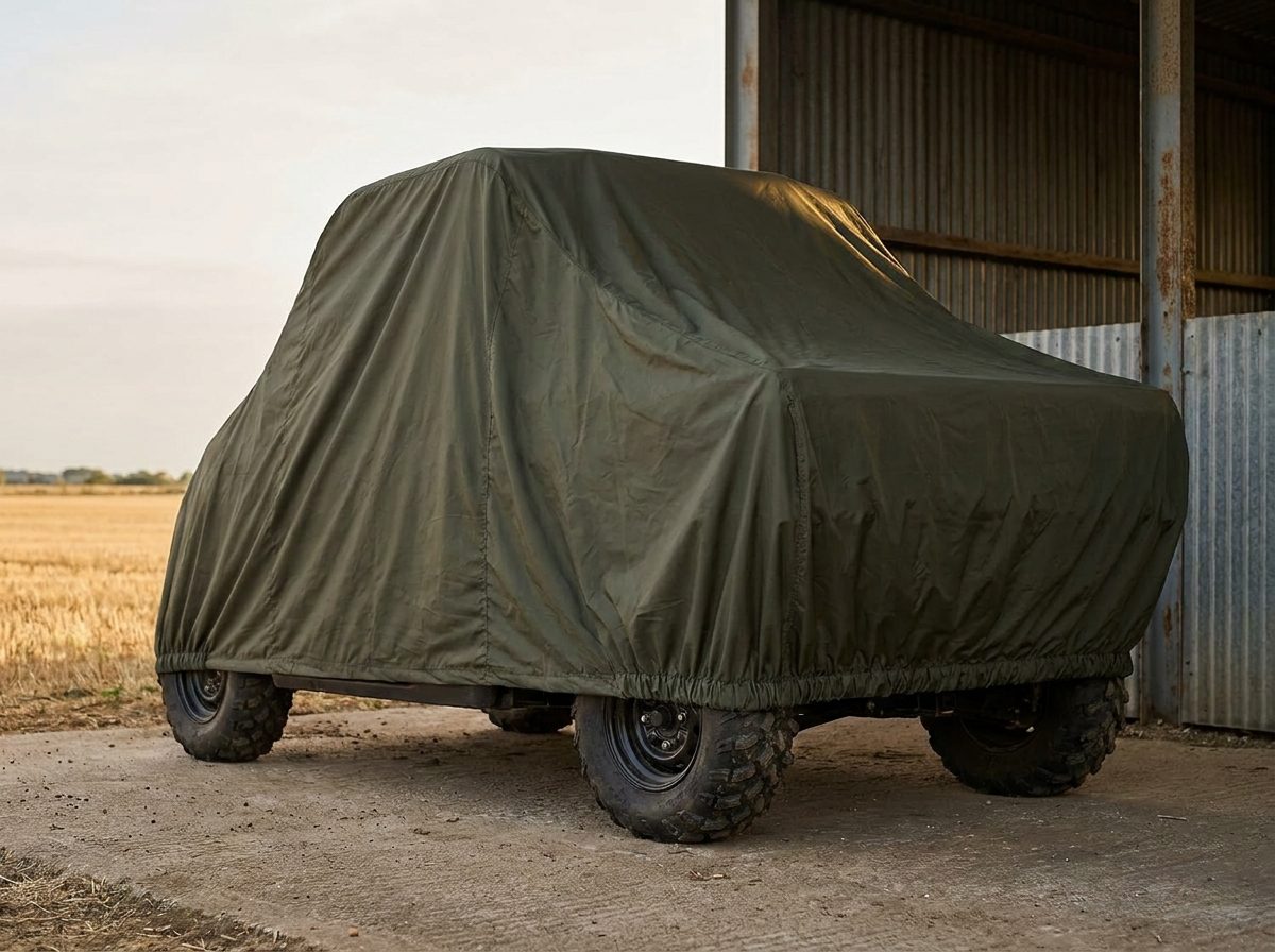 The rear of a side-by-side under an olive green cover on a concrete apron beside a corrugated steel shed, a stubble field behind.