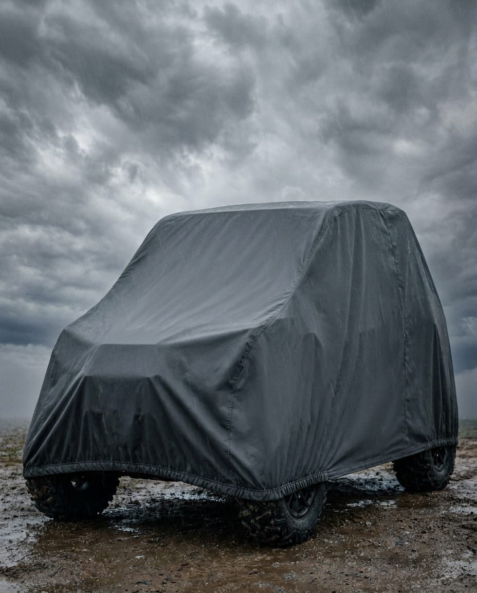 A side-by-side under a black cover in the open as a dark storm passes overhead.