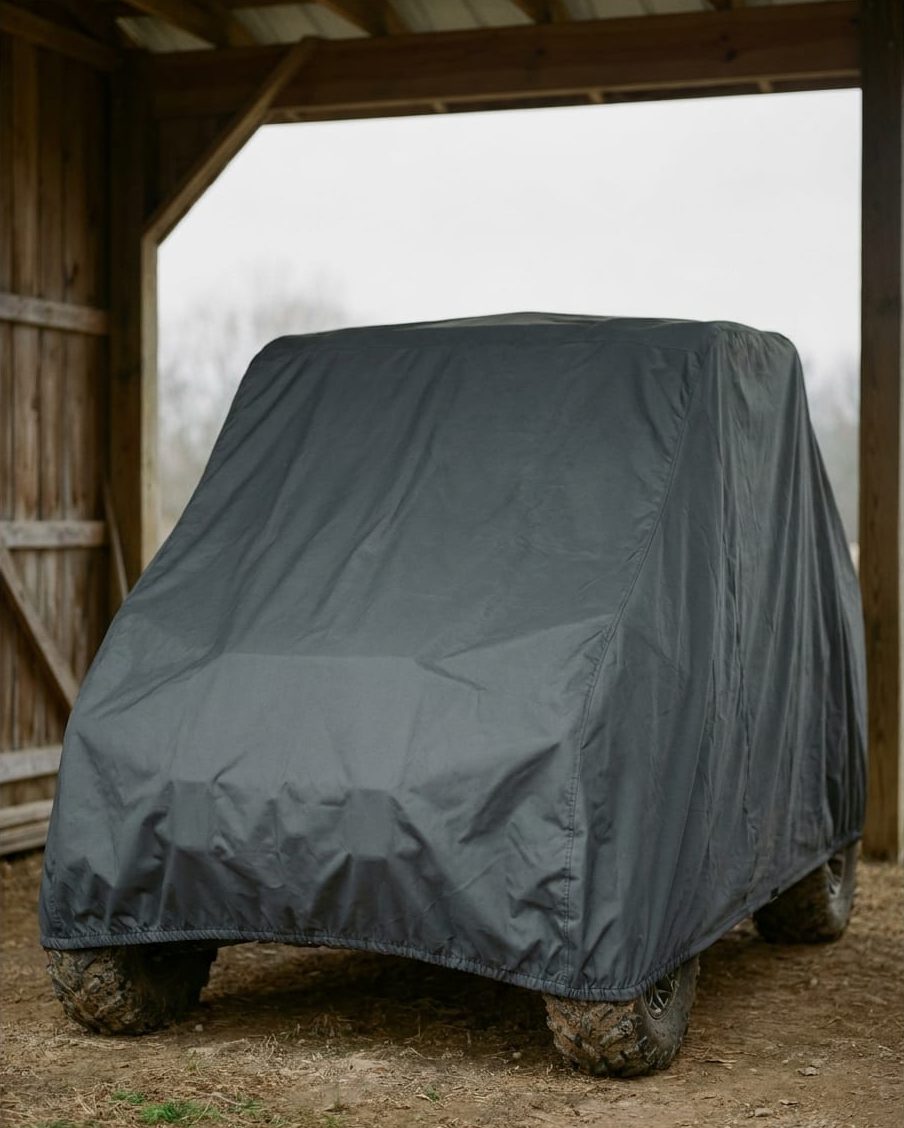 A side-by-side under a dark cover inside an open timber shelter on an overcast day.
