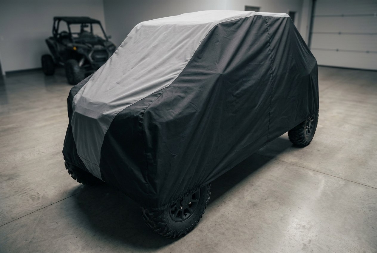 A side-by-side under a gray and black two-tone cover in a garage, the elastic hem gathered above the wheels.