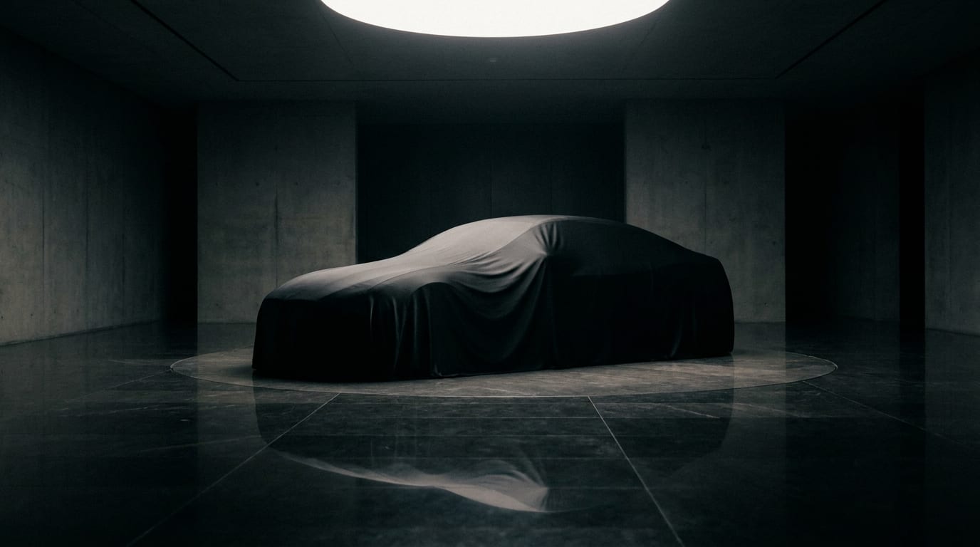 A covered car on a lit disc in a dark concrete showroom.