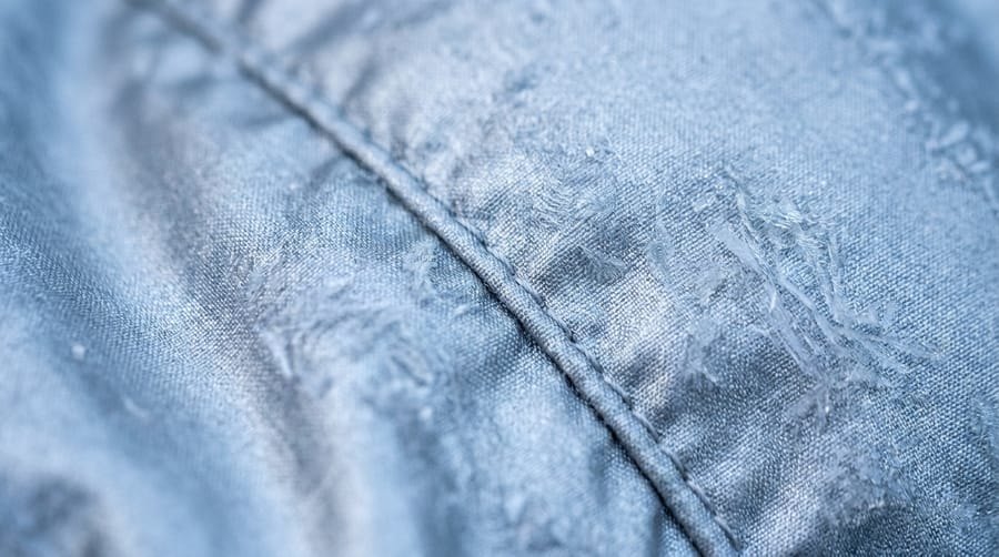 Macro of feathered frost crystals across the cover weave and a seam