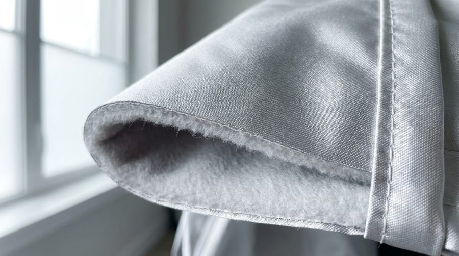 Cut-edge macro showing the silver outer shell over a soft fleece liner