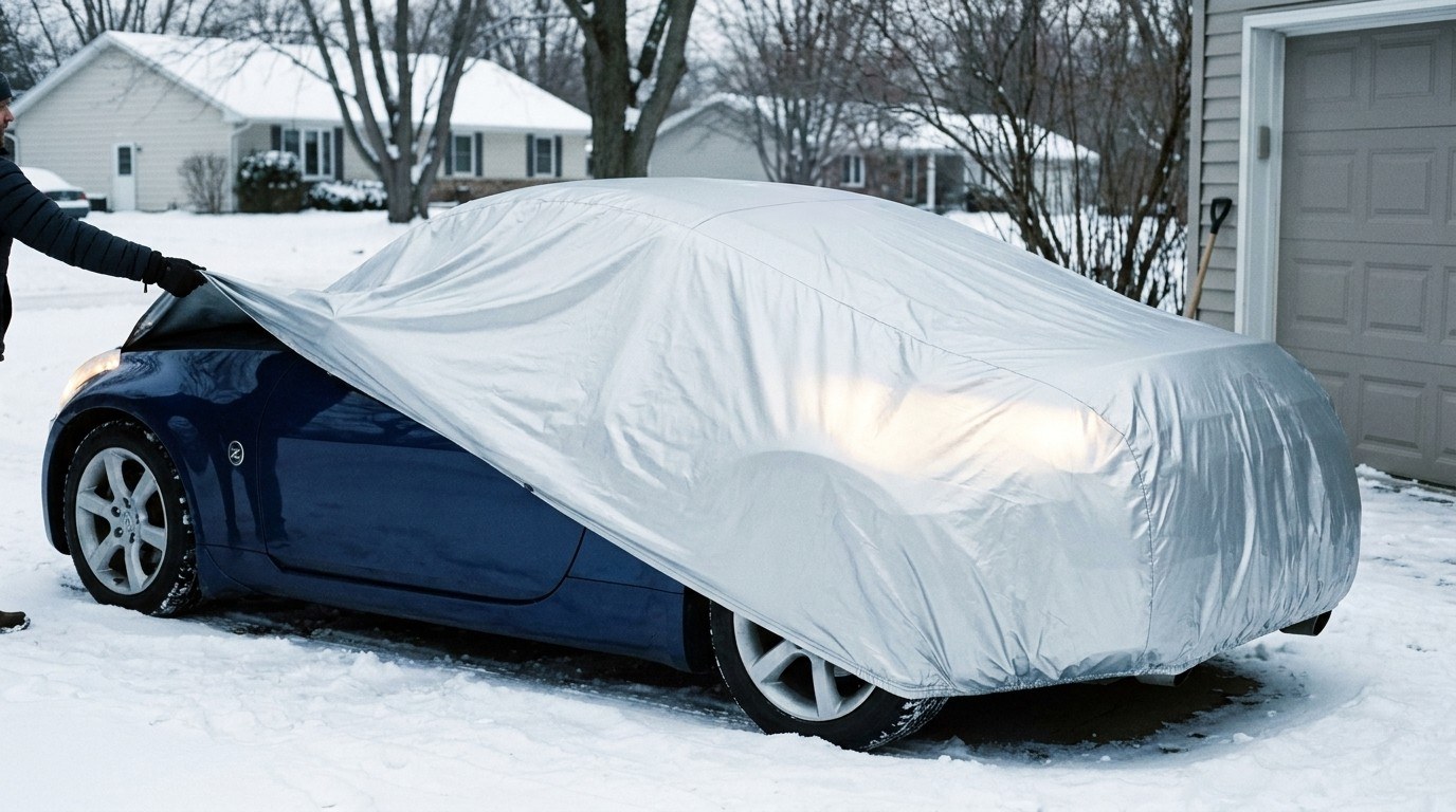 A person at the edge of the frame lifting the silver cover back off the hood of a dark blue sports car in a snowy driveway