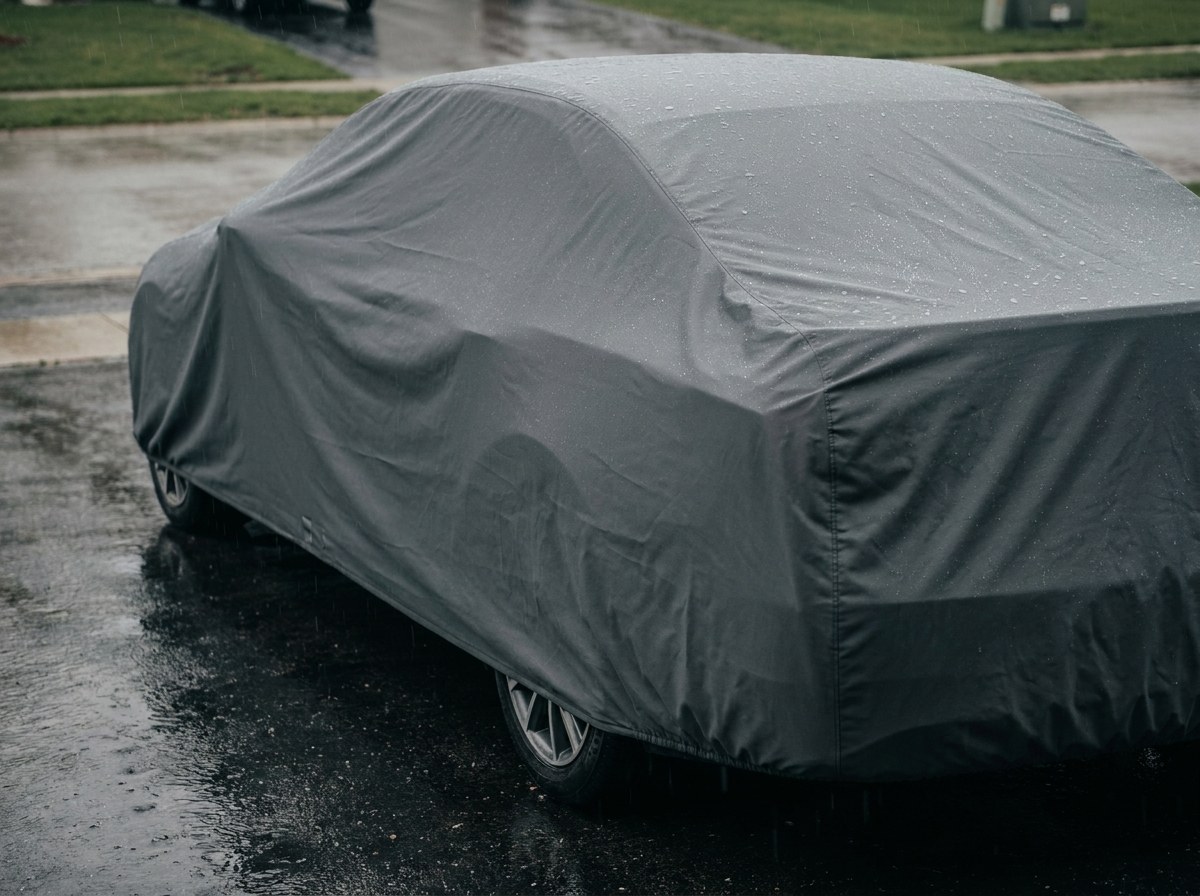 A car under a grey cover beaded with rain on a wet driveway, seen from the rear