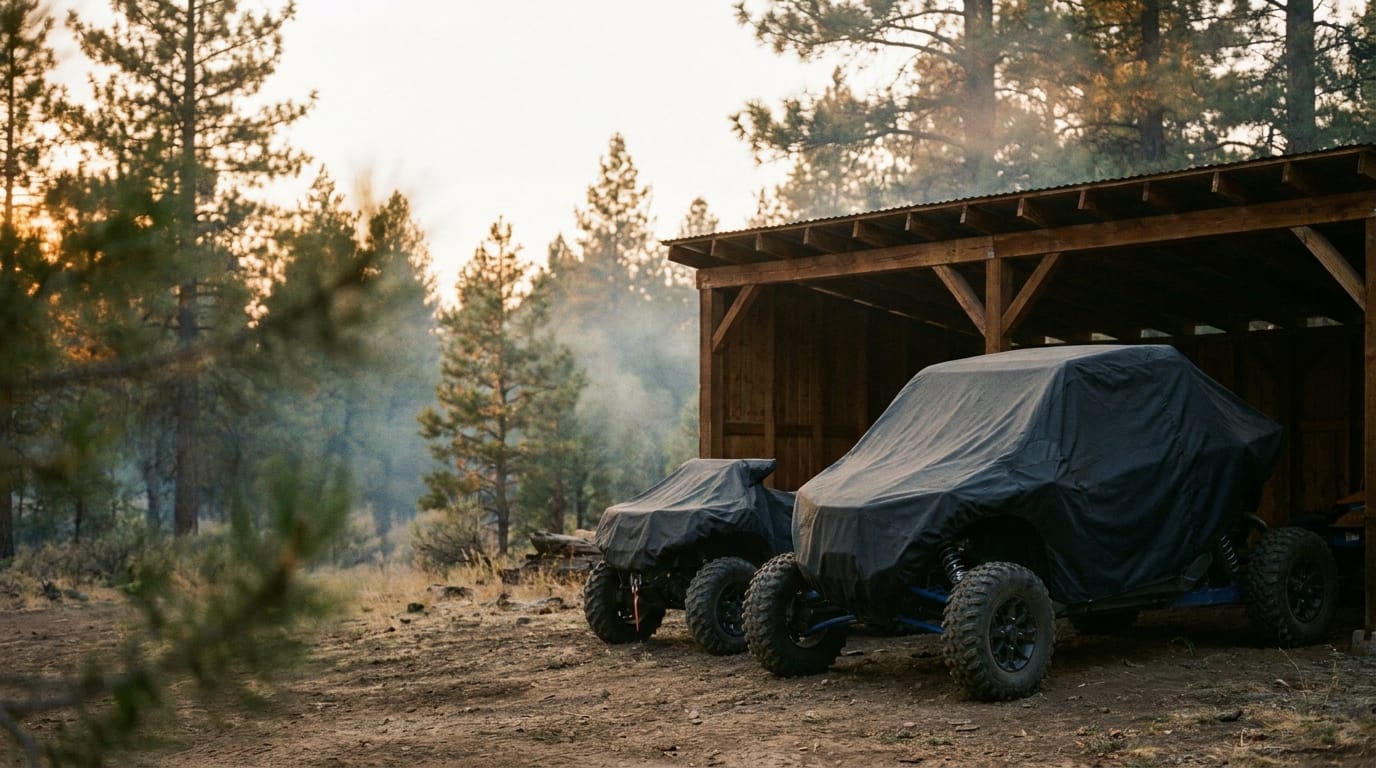 Two powersports machines under dark covers beside a timber lean-to at the edge of a pine forest, in hazy evening light.